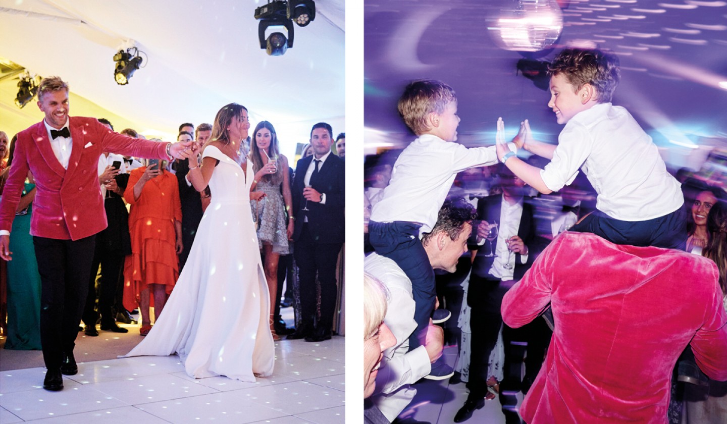 bride and groom with family on dance floor